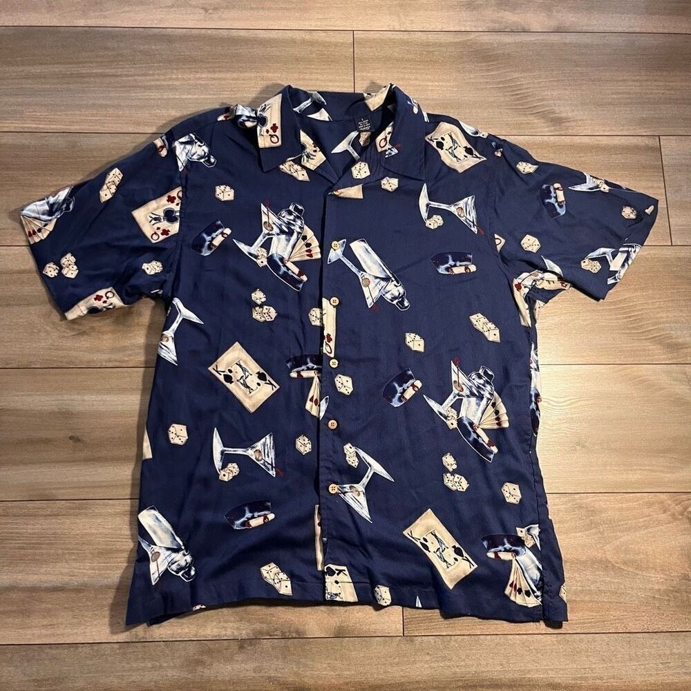 Hawaiian Card and‎ Martini Glass Navy Buttonup Men Large Bin J-39